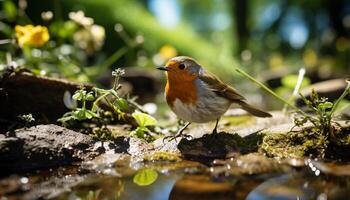 AI generated A cute bird perching on a branch, surrounded by nature generated by AI photo