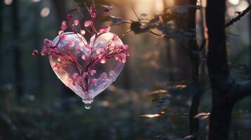 ai generado un transparente corazón lleno con delicado rosado bayas soportes fuera en medio de el bosque verdor. ai generado foto