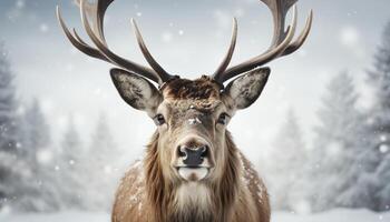 ai generado invierno paisaje nieve cubierto bosque, ciervo en el primer plano, tranquilo y frío generado por ai foto