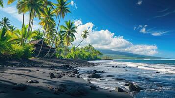 AI generated Panorama of a tropical black sand beach with palm trees and a solitary house. Ai Generated. photo