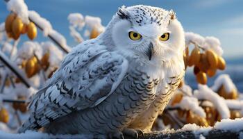 AI generated Snowy owl perching on branch, staring with piercing yellow eyes generated by AI photo