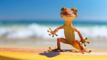 ai generado un linda geco tablista disfruta un lleno de diversión verano día a el playa, montando olas con entusiasmo, ai generado. foto