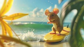 AI generated A cute mouse surfer enjoys a fun-filled summer day at the beach, riding waves with enthusiasm, Ai Generated. photo