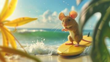 AI generated A cute mouse surfer enjoys a fun-filled summer day at the beach, riding waves with enthusiasm, Ai Generated. photo