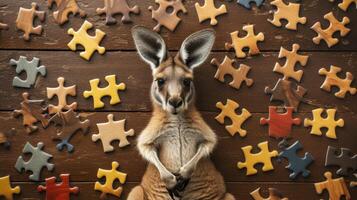 AI generated Cute kangaroo engrossed in a jigsaw puzzle, adding a whimsical touch, Ai Generated. photo