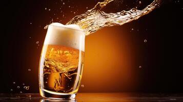 AI generated beer pouring, bubble froth, glass, wave curve background. Ai Generated. photo