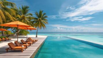 AI generated A luxurious resort pool, adorned with beach chairs, epitomizing seaside opulence. Ai Generated. photo