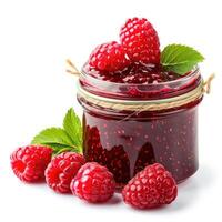 AI generated A jar of homemade raspberry jam with fresh raspberries, isolated on a white background. Ai Generated. photo