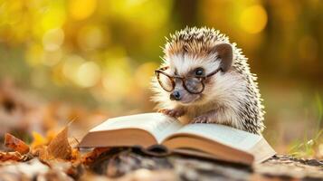 AI generated A cute hedgehog dons glasses, engrossed in a book. Ai Generated. photo
