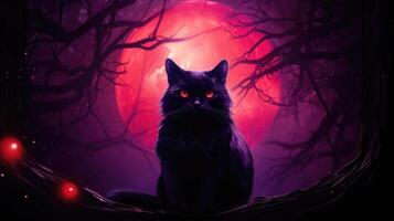 ai generado misterioso negro gato con brillante rojo ojos perchas cerca mágico púrpura orbe en contra místico fondo, ai generado. foto