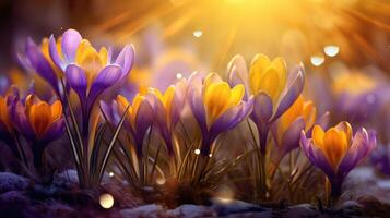 AI generated Bright yellow and purple crocuses adorned with sparkling water droplets bask in the glowing sunlight of spring. Ai Generated. photo