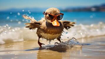 ai generado experiencia el intensidad de un Pato saltando sobre el playa en un maravilloso de cerca foto, ai generado. foto