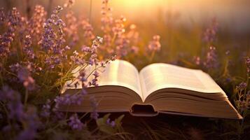 AI generated Open book rests amidst delicate purple blooms, inviting literary reverie, Ai Generated. photo