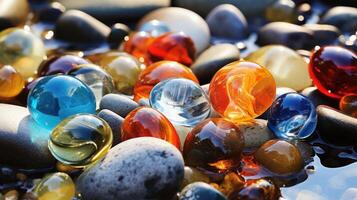 AI generated Assorted glass marbles are scattered among river stones, forming a vibrant and playful mosaic of colors and textures. Ai Generated photo