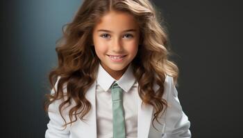 AI generated Smiling child, cute girl, confident, happiness, curly hair, blond hair generated by AI photo