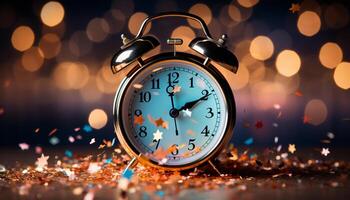 AI generated Time countdown illuminates the dark night, waking up celebration generated by AI photo