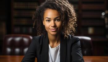 AI generated Young African American businesswoman sitting in office, confidently smiling at camera generated by AI photo