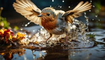 ai generado un linda Pato salpicaduras en el estanque, reflejando otoño belleza generado por ai foto