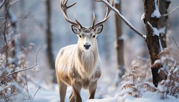 AI generated Cute deer stands in snowy forest, a winter wonderland generated by AI photo