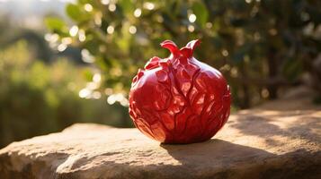 AI generated Red pomegranate sculpture on rock, framed by lush green foliage. Art in nature, Ai Generated. photo