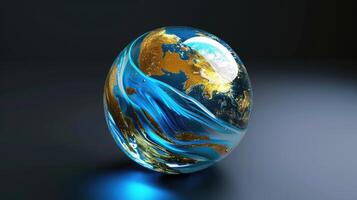 AI generated Elegant gold and blue glass globe marble showcases a shiny, flowing stone design, radiating sophistication. Ai Generated. photo