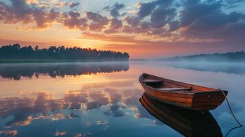 AI generated A lonely wooden boat floats on a lake, its reflection mirrored in the calm waters, Ai Generated. photo