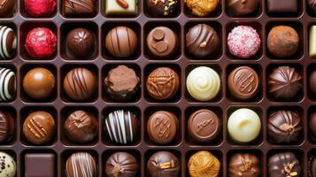 AI generated Assorted rows of delectable chocolate sweets nestled in a charming box. Tempting, Ai Generated. photo