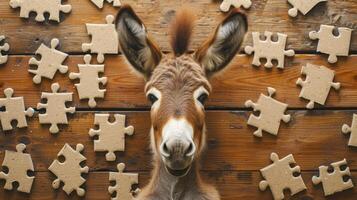 AI generated Cute donkey engrossed in a jigsaw puzzle, adding a whimsical touch, Ai Generated. photo