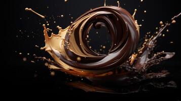 AI generated Luxurious melted chocolate swirl with dynamic splashes creates a delectable visual masterpiece. Ai Generated. photo