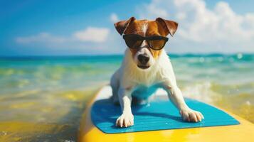 AI generated A cute dog surfer enjoys a fun-filled summer day at the beach, riding waves with enthusiasm, Ai Generated. photo