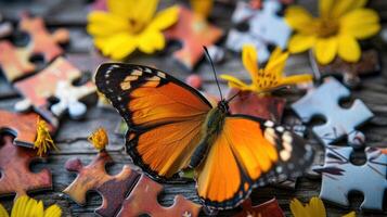 AI generated Cute butterfly engrossed in a jigsaw puzzle, adding a whimsical touch, Ai Generated. photo