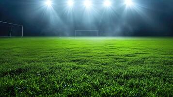 AI generated Green soccer field illuminated by bright spotlights, creating a vibrant and energetic atmosphere. Ai Generated. photo