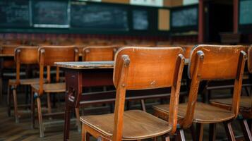 AI generated Desolate classroom, empty seats, symbolizing Back to School. Ai Generated. photo