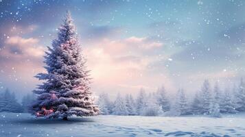 AI generated a snowy landscape featuring a Christmas fir tree, Ai Generated. photo