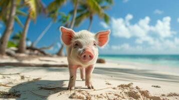 AI generated Small pig stands on the beach, palm trees swaying in the breeze behind it, Ai Generated. photo