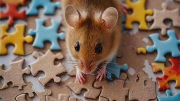AI generated Cute mouse engrossed in a jigsaw puzzle, adding a whimsical touch, Ai Generated. photo