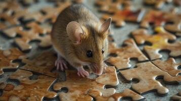 AI generated Cute mouse engrossed in a jigsaw puzzle, adding a whimsical touch, Ai Generated. photo