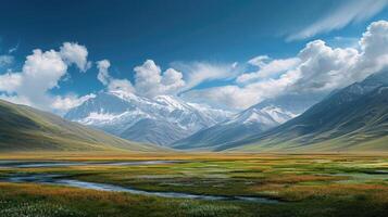 AI generated Majestic peaks adorn a gorgeous mountain landscape, a vista of nature's grandeur, Ai Generated. photo