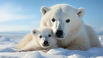 AI generated Cute Samoyed puppy playing in the snowy arctic nature generated by AI photo