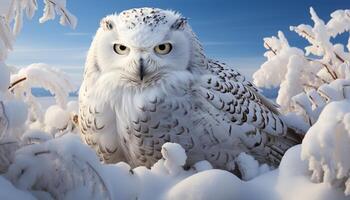 AI generated Snowy owl perching on branch, looking at camera in winter generated by AI photo