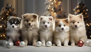 ai generado un linda pequeño perrito sentado por el Navidad árbol, sonriente generado por ai foto