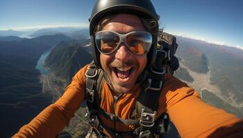 ai generado uno persona sonriente, en pie alto arriba, disfrutando montaña aventuras generado por ai foto