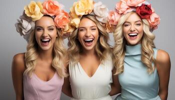 AI generated Three beautiful women in a studio shot, smiling and looking at the camera generated by AI photo