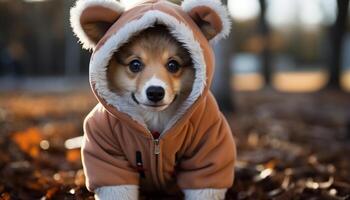 AI generated Cute puppy sitting outdoors, looking at camera, playful in autumn generated by AI photo