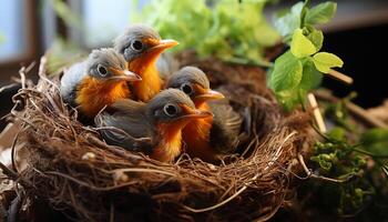 AI generated Cute baby chicken hatching, nature new life, animals in love generated by AI photo