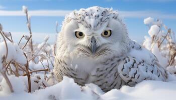 ai generado Nevado búho encaramado en rama, curioso con perforación azul ojos generado por ai foto