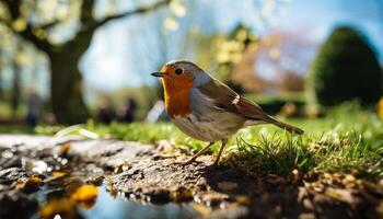 AI generated A cute small bird perching on a branch in the forest generated by AI photo