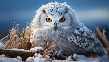 AI generated Great horned owl sitting on branch, staring at camera generated by AI photo