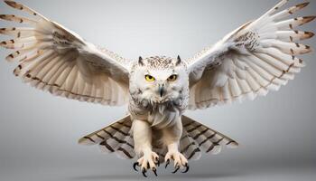 AI generated Eagle owl flying with spread wings, looking at camera generated by AI photo