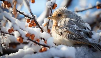 AI generated A cute sparrow perching on a snowy branch in winter generated by AI photo
